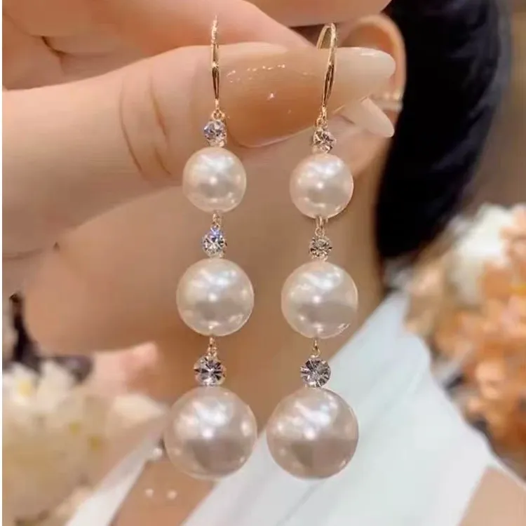 铜合金仿珍珠耳饰 时尚百搭精致白色珠子气质中长款显瘦流苏耳环