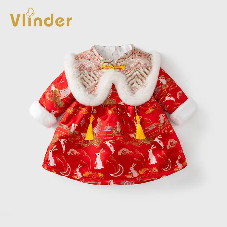 女童拜年服连衣裙中国风冬季女宝宝新年过年衣服加绒加厚唐装裙子