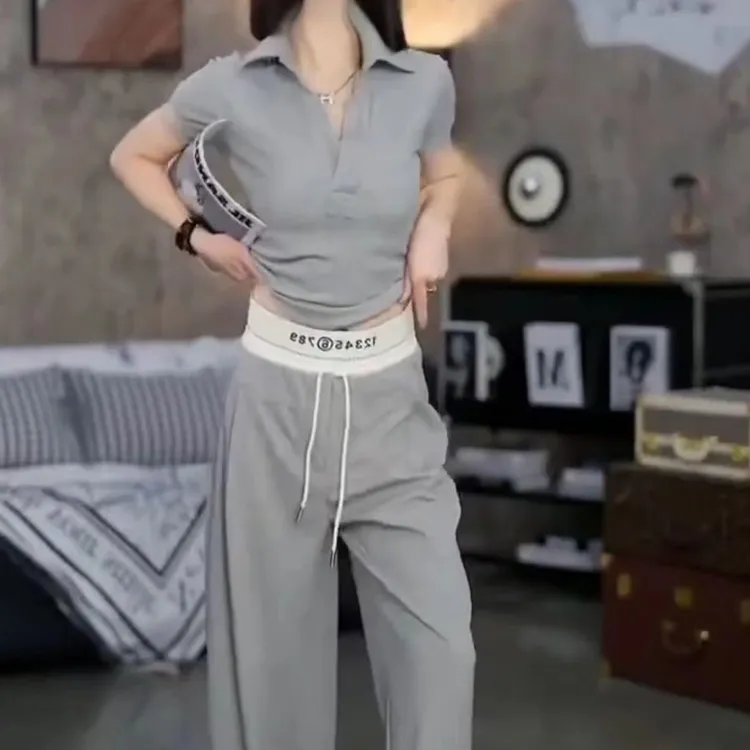 2025年夏季短袖休闲套装显瘦时尚百搭直筒宽松裤型灰色两件套