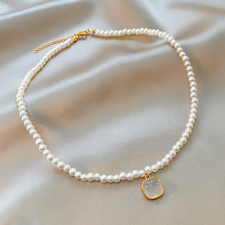 合金项链 法式猫猫石珠珠方块项链女简约小众设计锁骨链脖颈链子