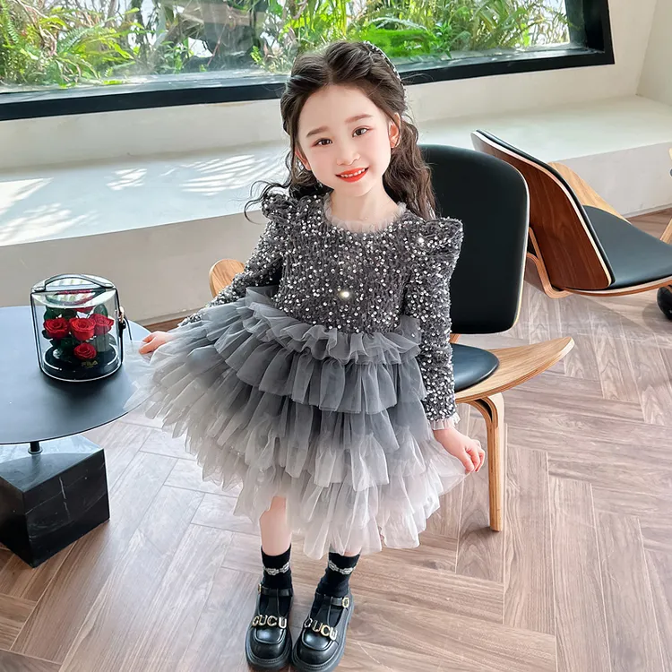 女大童春季亮片闪闪公主裙网纱蓬蓬裙儿童时髦女童生日礼服表演服