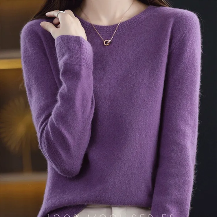 【一线成衣】100纯羊毛深紫色圆领宽松打底衫纯羊毛衣针织衫YR001