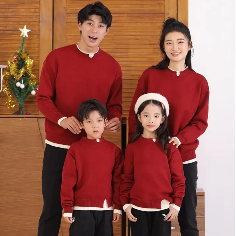 爆款红色新年假两件套加厚亲子装