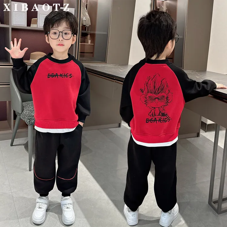 男童加绒卫衣套装秋冬装2024新款红色洋气两件套男孩初冬时髦衣服