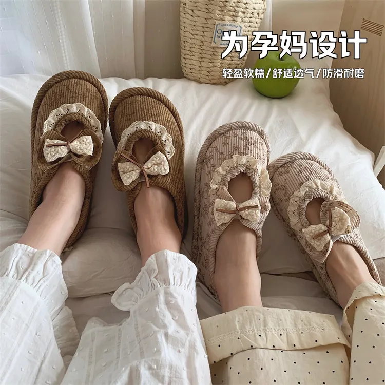 韩系创意蕾丝蝴蝶结包跟棉鞋女夏季78月份薄款孕妇居家防滑月子鞋