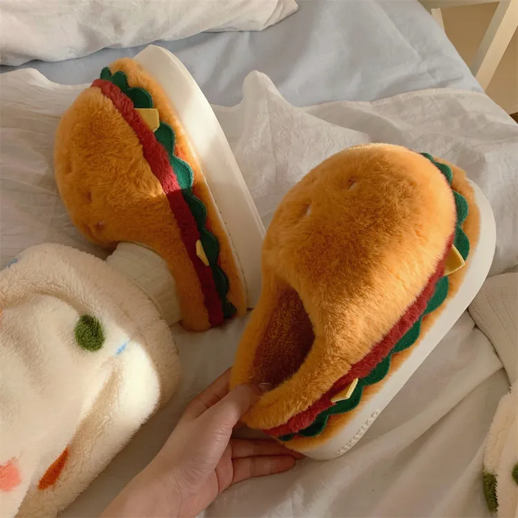 全包跟防滑保暖情侣家居用毛毛鞋2024冬季新款趣味汉堡棉拖鞋男女