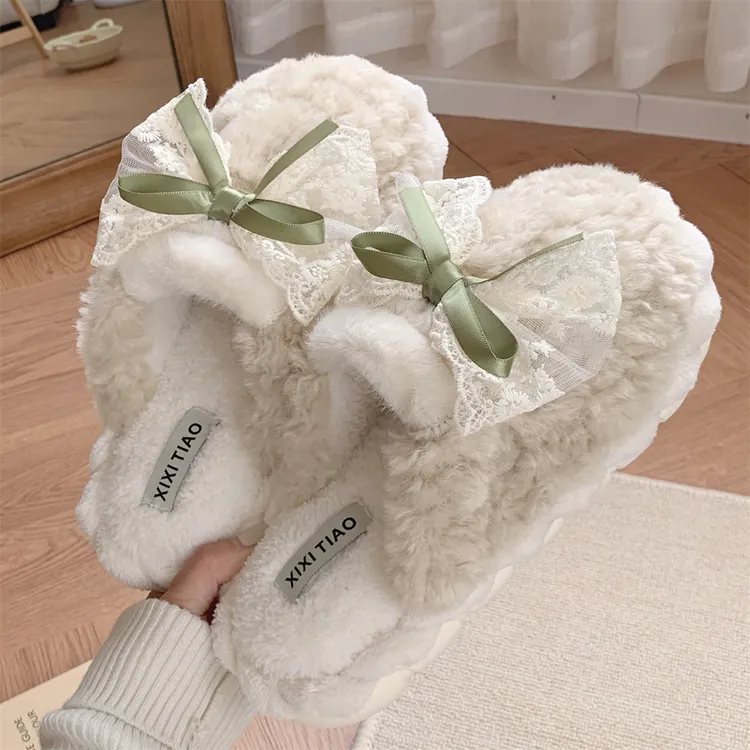室内保暖舒适防滑毛绒绒月子鞋仙女风可爱蝴蝶结冬季居家棉拖鞋女