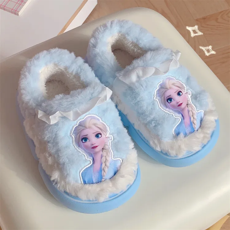 仙女风卡通艾莎公主全包跟毛毛鞋冬季居家用休闲防滑保暖棉拖鞋女