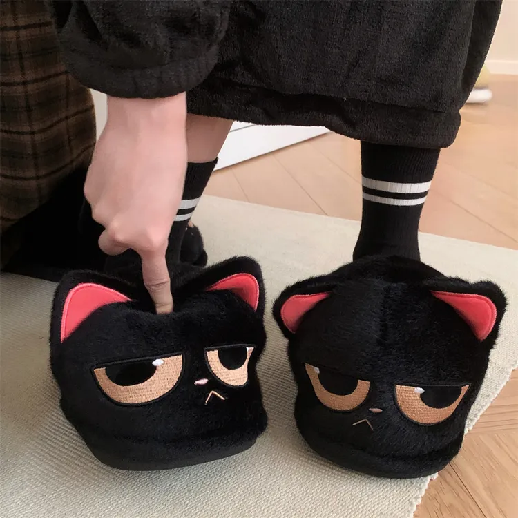 包头防滑情侣室内家居保暖趣味毛毛鞋生气小黑猫冬季男女士棉拖鞋