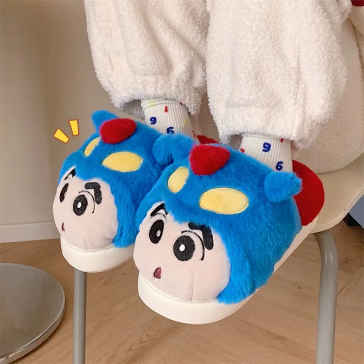 细细条 舒适软底防滑情侣居家毛毛鞋冬季可爱蜡笔小新棉拖鞋男女