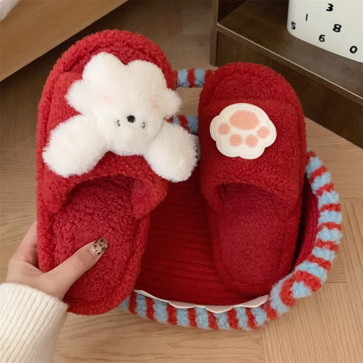 网红高级感女秋冬ins新款休闲家居棉拖少女心喜庆毛绒兔子毛毛鞋