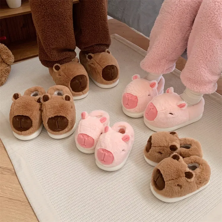 卡皮巴拉水豚棉拖鞋男女包跟可爱防滑一家三口冬季亲子家居毛毛鞋