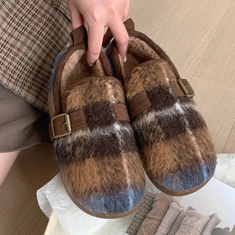 秋冬季外穿保暖休闲防滑平底毛毛鞋韩版时尚网红拼色格子勃肯鞋女