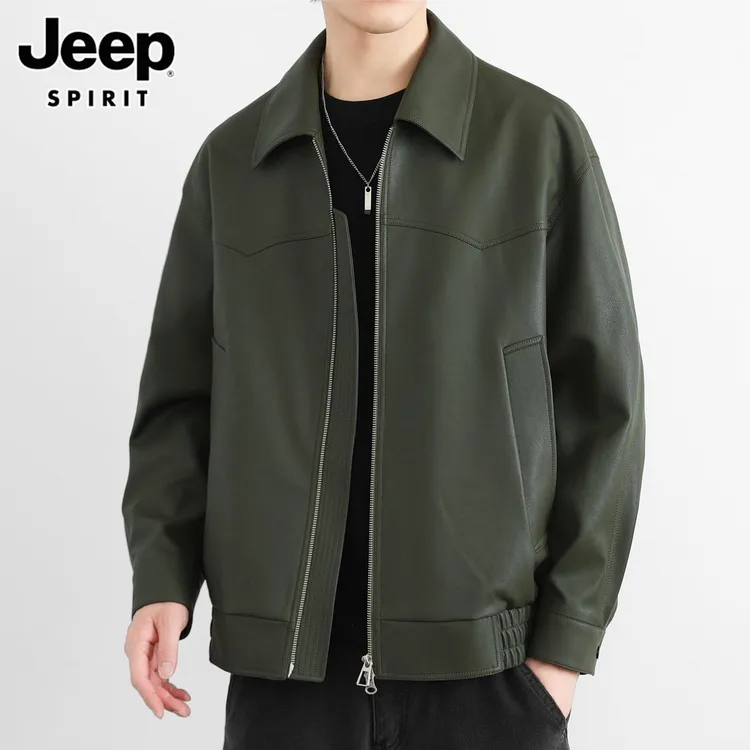 Jeep吉普男士皮衣春秋季宽松休闲潮流短款翻领外套痞帅机车夹克男