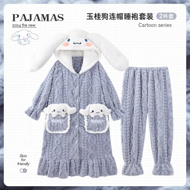 珊瑚绒睡袍套装女秋冬保暖加绒加厚连帽睡衣女冬睡袍女冬加厚加绒