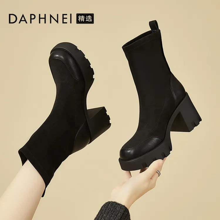 达芙妮弹力瘦瘦靴洋气黑色气质女靴2025爆款冬季英伦风厚底短靴子