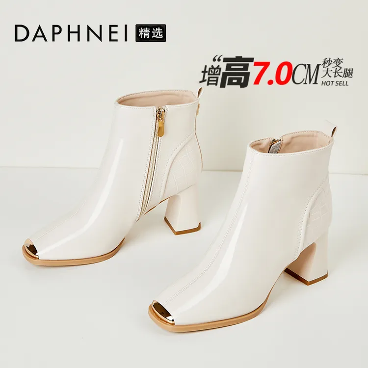 达芙妮7CM气质高跟真皮短靴女款2025新款冬季加绒粗跟方头马丁靴