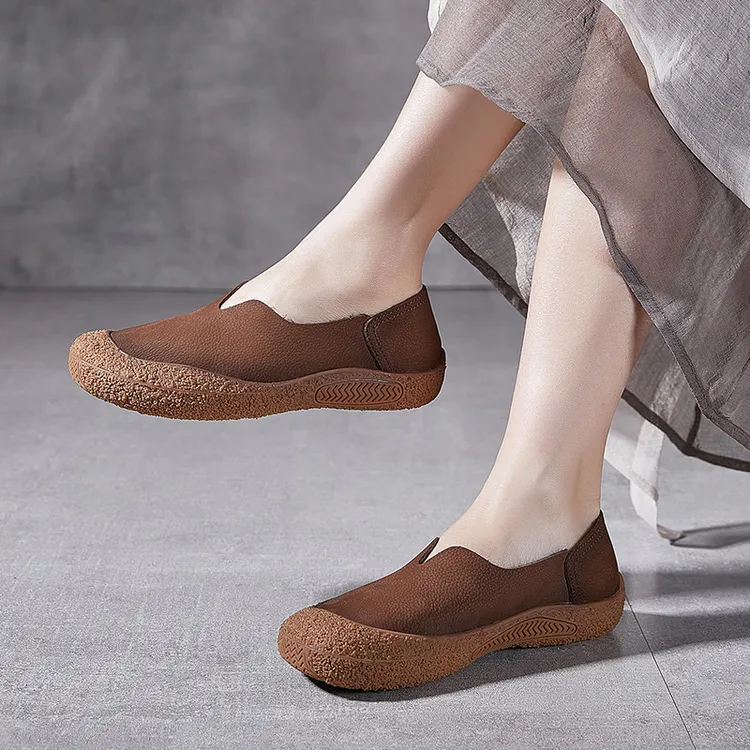 阿欢家春季新款舒适复古真皮包头防滑平底浅口懒人妈妈鞋驾车鞋