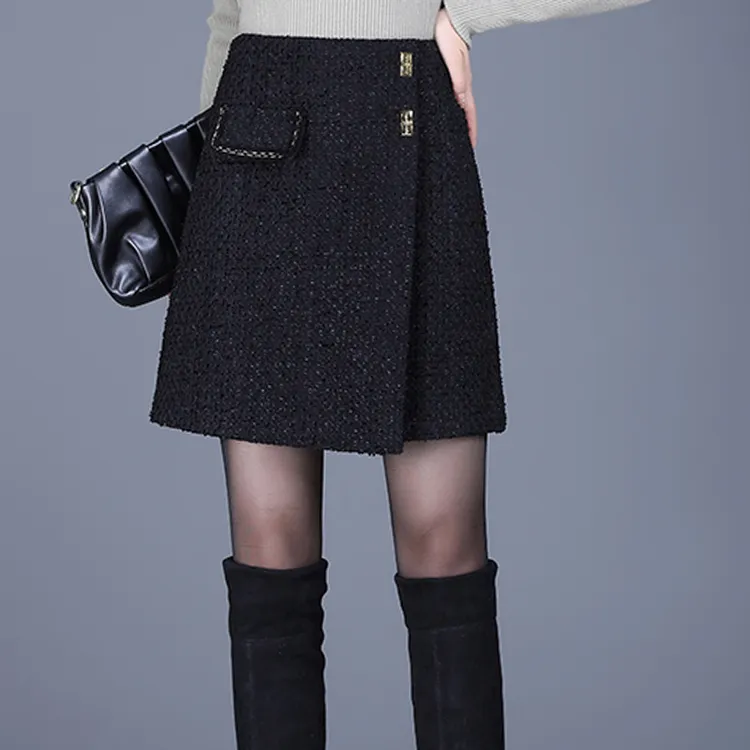 小香风粗花呢半身裙女秋冬高腰不规则A字裙时尚短裙秋冬半身短裙