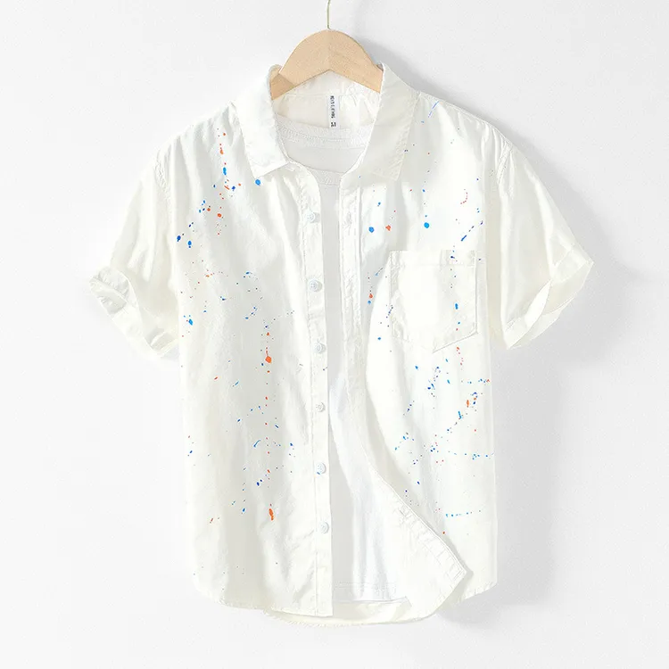 乔沐南风泼墨炫彩短袖衬衫男士纯棉白色夏季休闲纯棉个性半袖衬衣