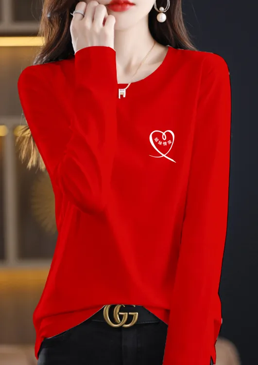 丝光棉红色长袖t恤女春秋季宽松圆领打底衫白色纯棉内搭显瘦女