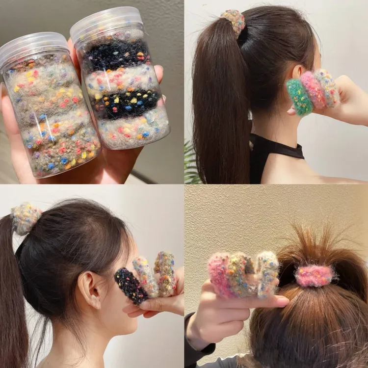 秋冬彩色发圈高弹力头绳加粗毛绒皮筋高马尾丸子头耐用扎头绳发绳