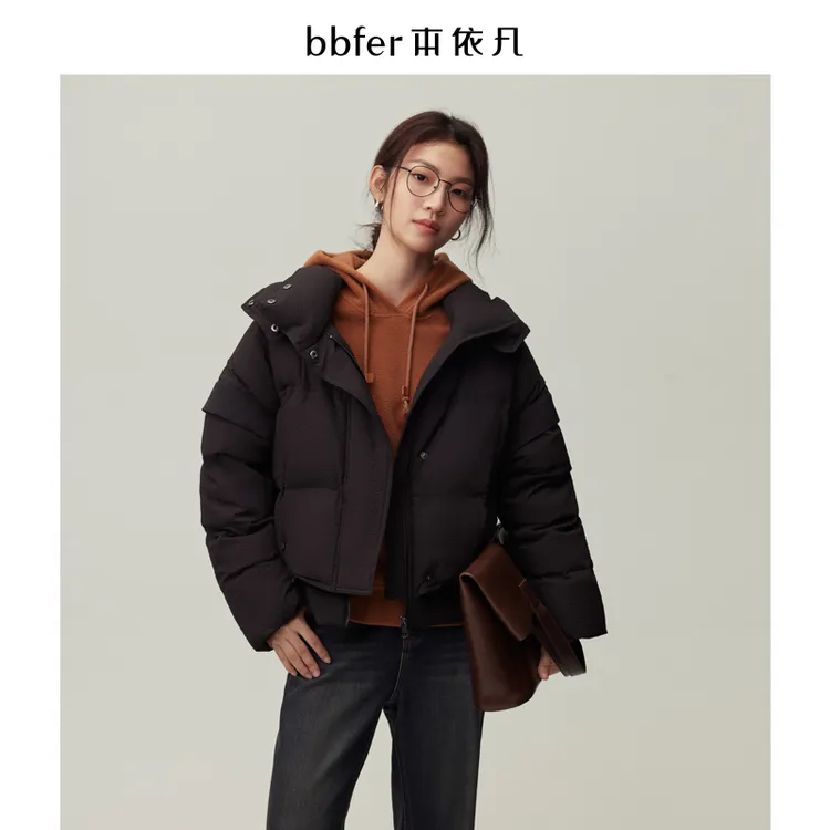 本依凡冬季女加厚短保暖羽绒服SSFYR0221可拆卸袖纯色外套白鸭绒