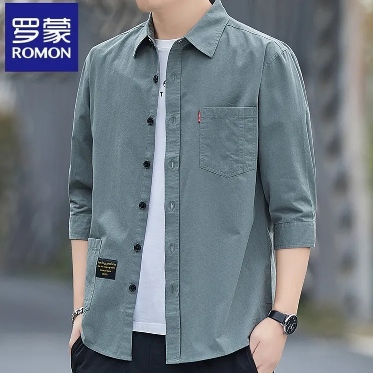罗蒙春秋季男士工装休闲薄外套七分袖衬衫宽松时尚百搭韩版上衣潮
