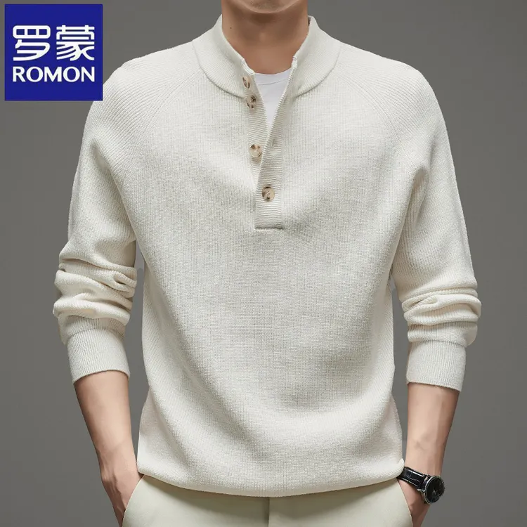 罗蒙时尚立领纽扣针织衫秋冬季纯色百搭潮流男士宽松休闲长袖毛衣