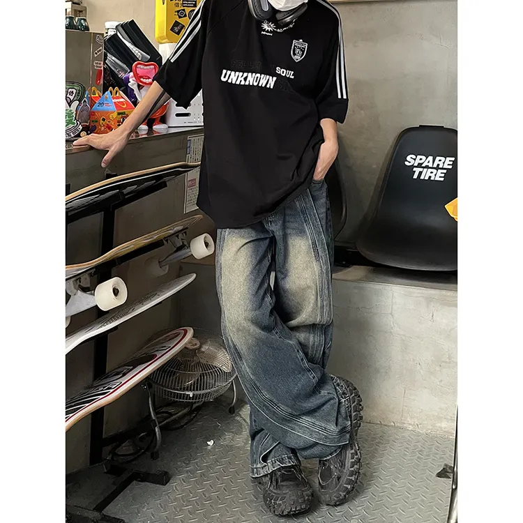 高街设计感宽松牛仔裤男女美式复古街头嘻哈潮流阔腿休闲九分裤