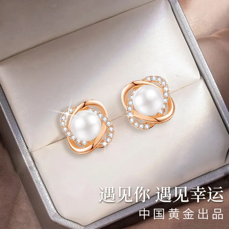 中国黄金珍尚银四叶草淡水珍珠耳钉女款耳环轻奢气质女士耳饰S925