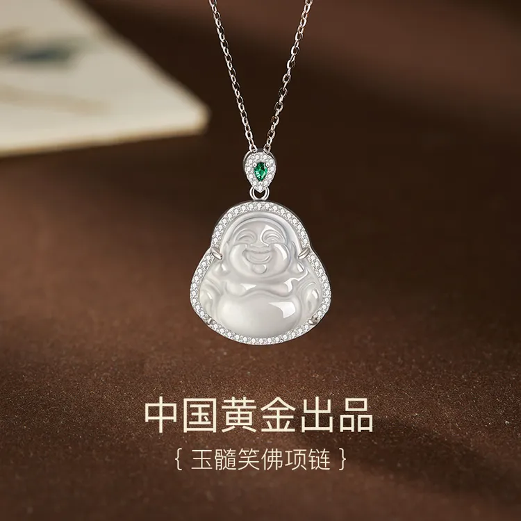 中国黄金珍尚银佛公项链女款笑脸佛吊坠小众轻奢时尚生日礼物S925