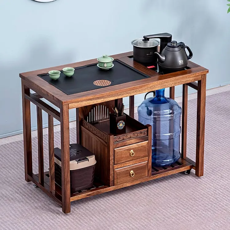 新中式茶桌家用实木茶台移动茶水柜收纳储物烧水壶一体阳台小茶桌