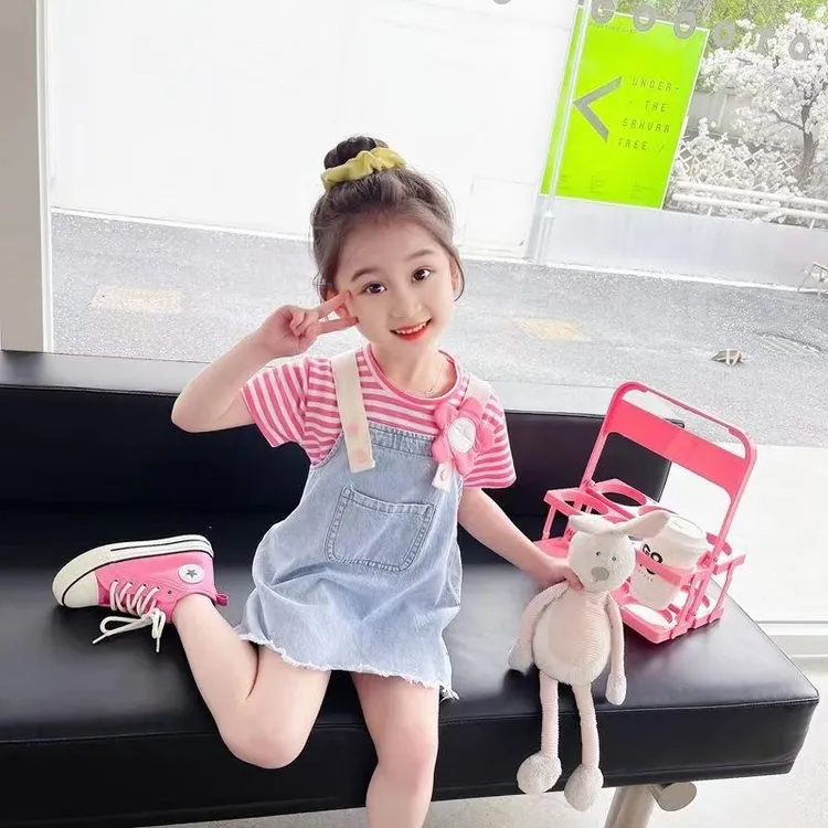 女童夏装套装网红儿童套装夏款宝宝牛仔背带裙两件套夏季洋气时髦