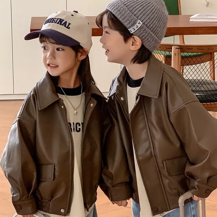儿童皮衣外套2025春秋新品男女童纯色翻领皮夹克男宝宝韩版机车服