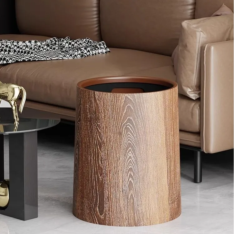 中式复古仿木纹垃圾桶家用2023新款大容量客厅厨房卫生间酒店纸篓