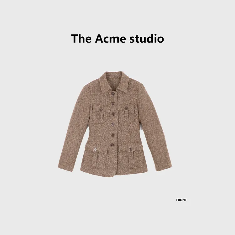 Trum Acme~格纹复古修身休闲毛呢外套洋气工装风短西装上衣女