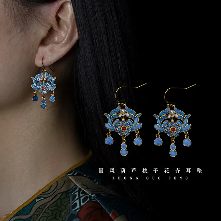 铜合金耳饰 镀金珐琅彩葫芦桃子流苏牡丹花中国风耳饰国风耳环