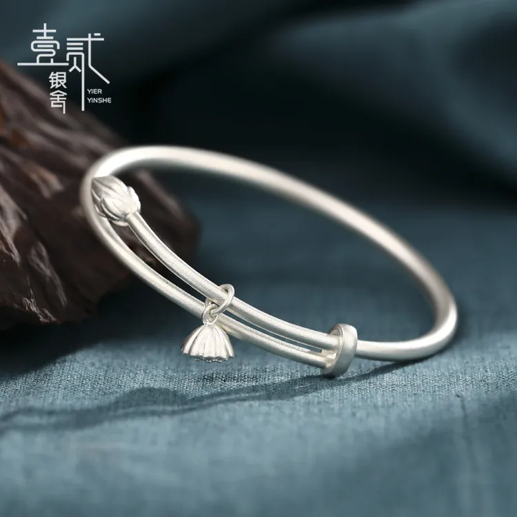 足银手镯 两世欢999纯银手镯女 古法莲子莲蓬足银镯子 实心可刻字