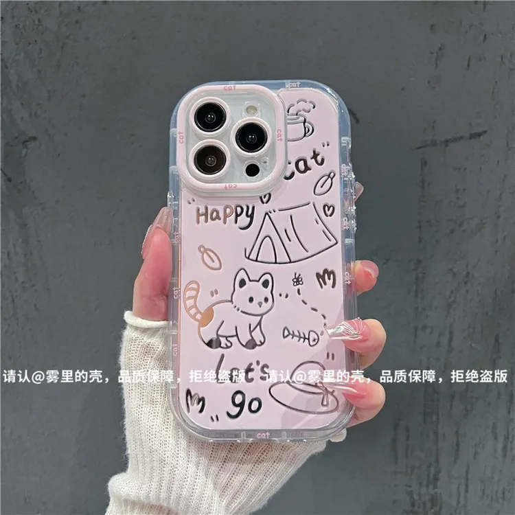 卡通猫咪镜面适用苹果16promax手机壳华为P70小米14oppo_vivo全包