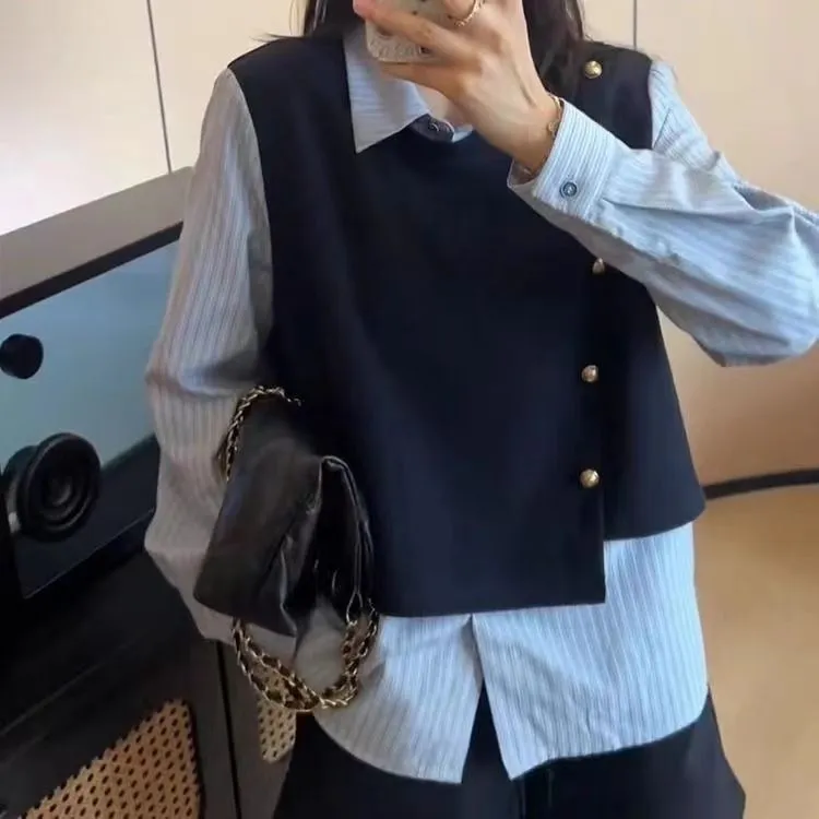 2025秋冬季新款假两件条纹拼接衬衫女设计感小众百搭时尚上衣洋气