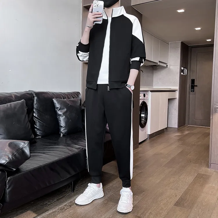 休闲运动服套装男士2024春秋季新款潮牌拼色宽松立领夹克开衫外套