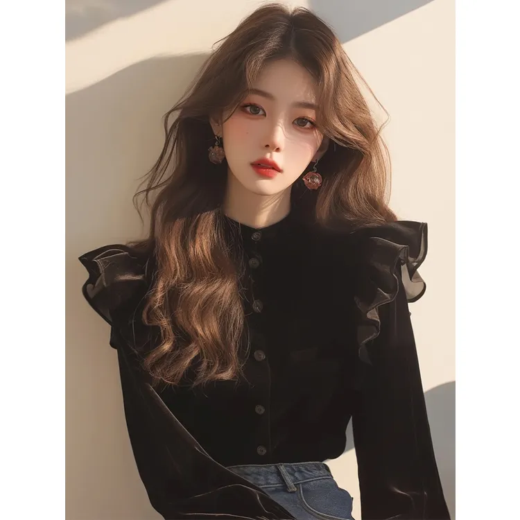 法式赫本风黑色丝绒上衣女2025早秋新款绝美公主风独特超好看衬衫