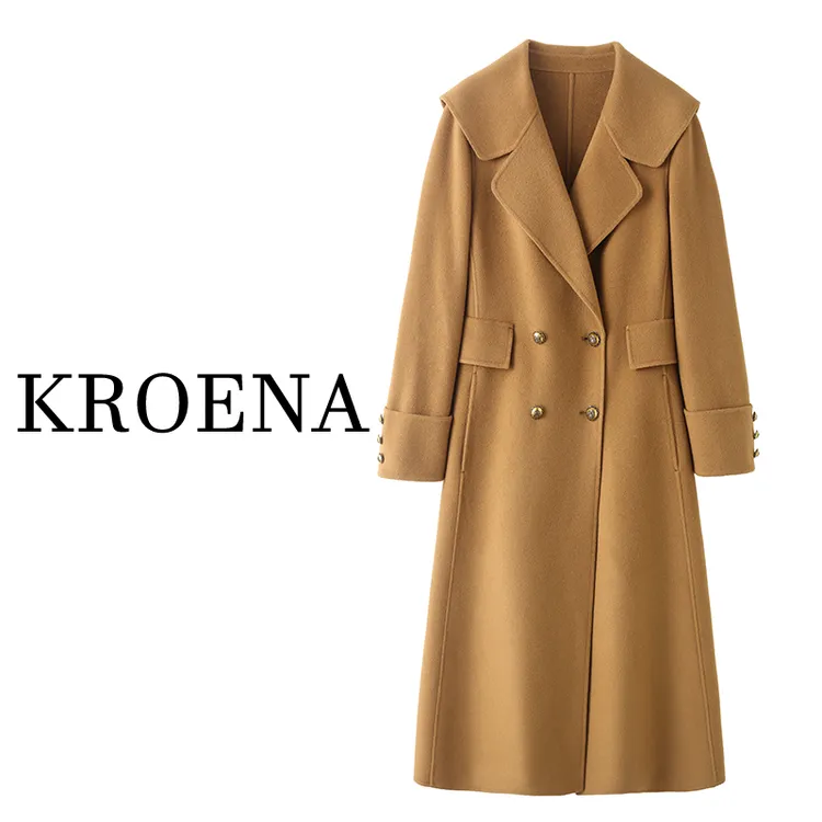 【日不落】秋冬新款10%羊绒海军领大衣女简约百搭中长款羊毛外套