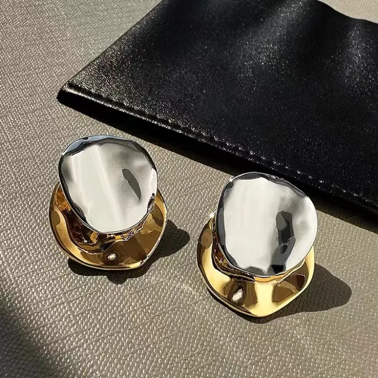 铜合金耳饰 法式个性不规则金属圆片耳环可拆卸波浪撞色时髦耳钉