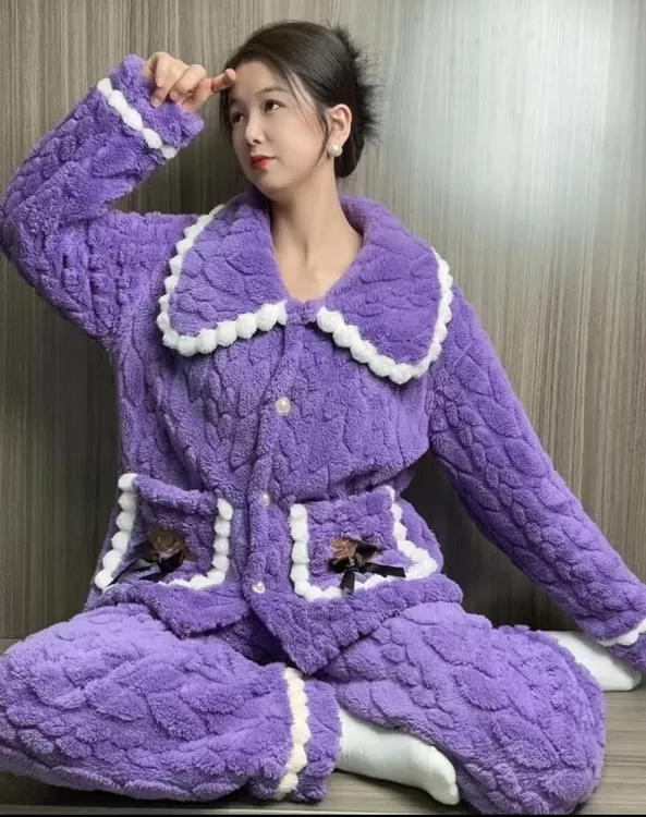 1【蜜桃粉口袋小熊可外穿珊瑚绒北极绒女家居服睡衣睡衣套装女款
