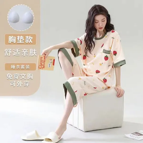 2024年春夏新款短袖七分裤大码家居服带胸垫可外穿睡衣210斤可穿