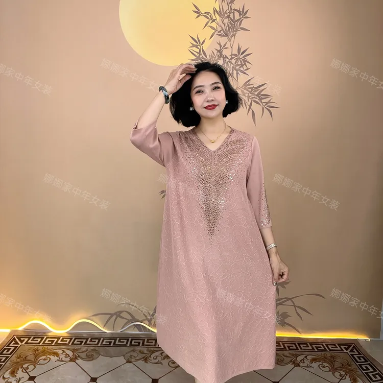 8005七分袖中老年连衣裙妈妈装高温烫转针织时尚百搭洋气连衣裙