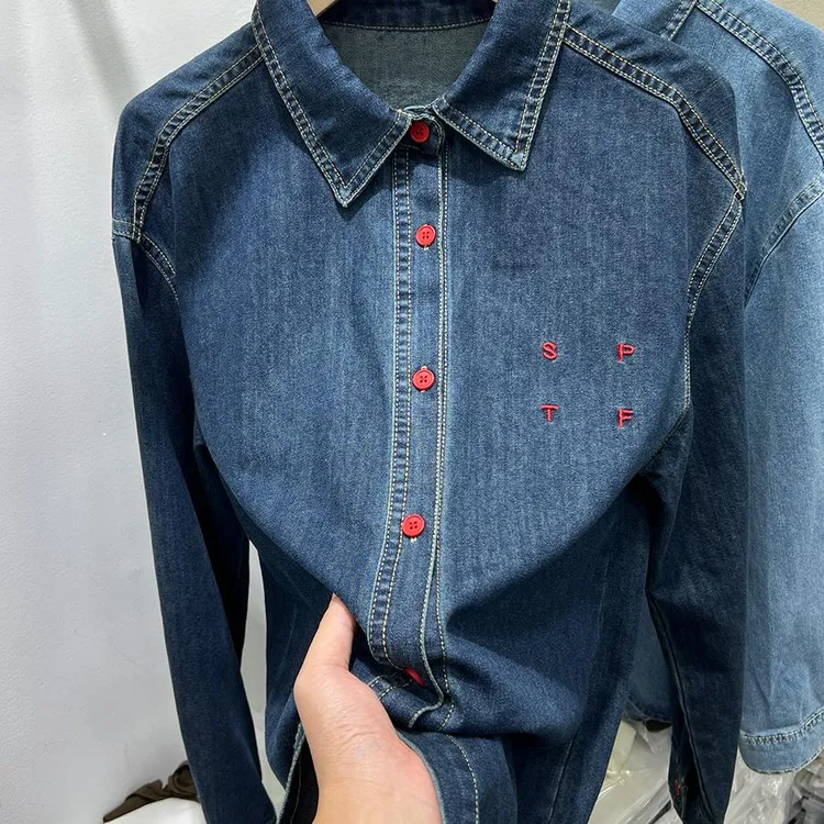 爆款字母绣花牛仔衬衫外套女2025春季新款休闲百搭衬衣叠穿上衣