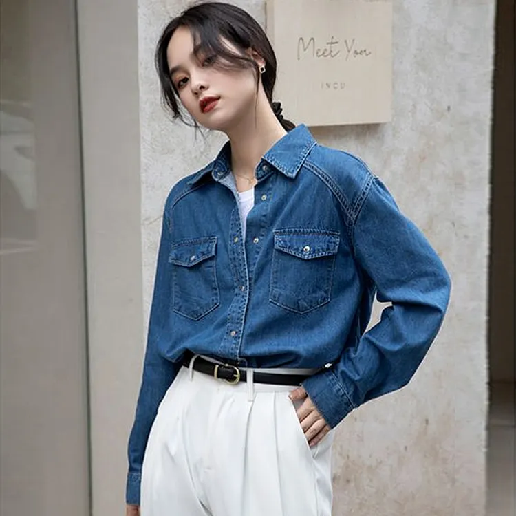 法式复古蓝色牛仔衬衫外套女春秋小众设计感上衣休闲宽松叠穿衬衣
